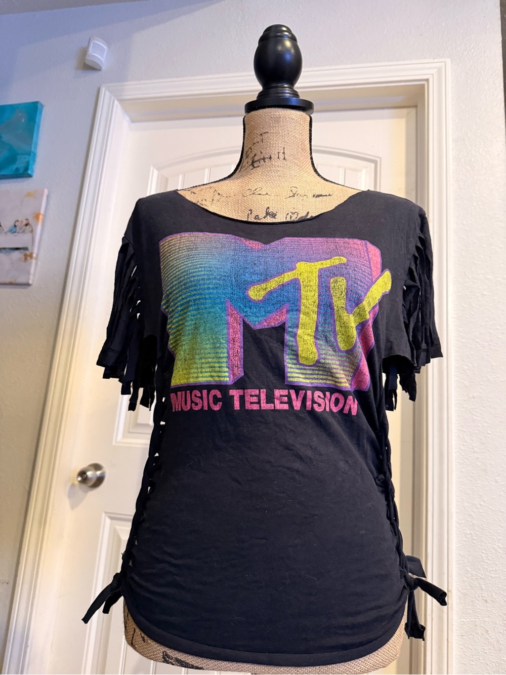 MTV Black Fringe Tie-Side Graphic Tee - Neon Logo